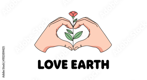 Two hands create a heart shape around a flowering plant, symbolizing love for the Earth and environmental awareness, in a clean illustration style on a white background.