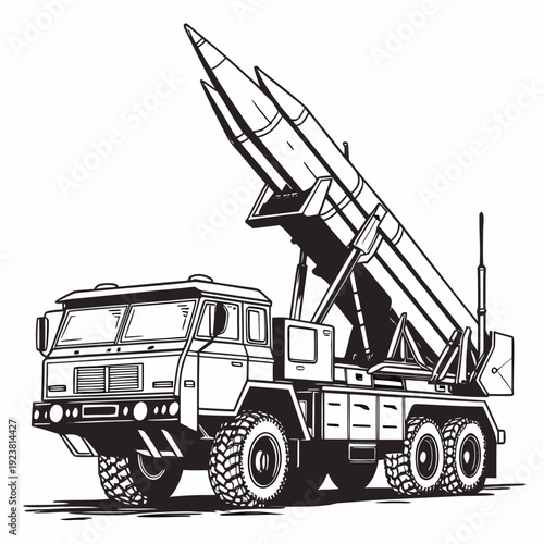 Black and white of a missile launcher truck vehicle