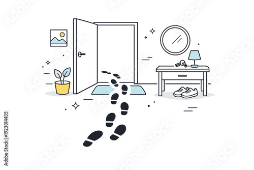 Footprints on floors. An entryway scene with footprints leading inward from a doorway, suggesting arrival from outside. Everyday transition, gentle sense of
