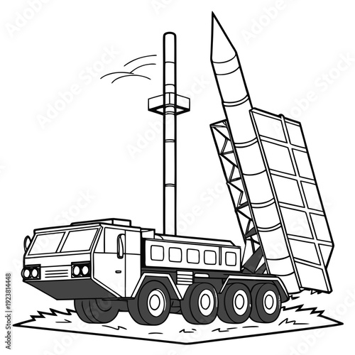 Black and white of a mobile rocket launcher system