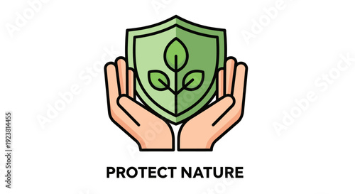 Illustration of hands holding a green plant inside a shield, conveying themes of environmental protection, care, and sustainable growth in an icon format.