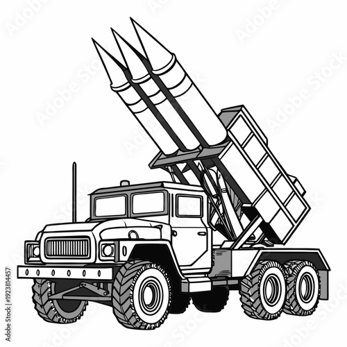Black and white truck with missiles on launcher missile launcher