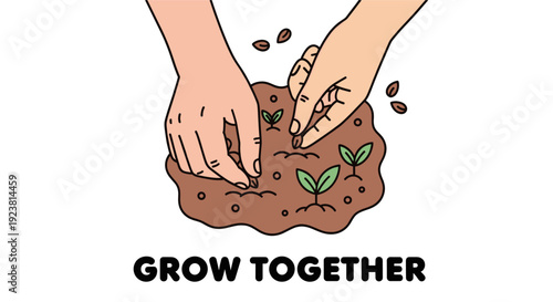 An illustration showing hands carefully planting seeds in brown soil, with young seedlings already sprouting, conveying themes of growth, gardening, and nurturing.