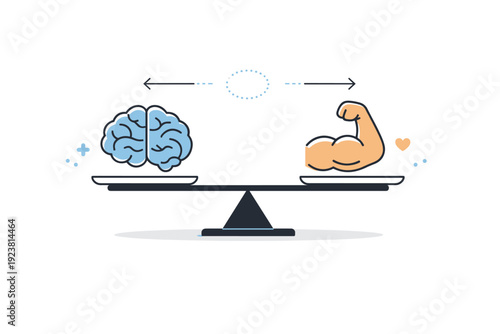 Mental and physical harmony. Brain and muscle icons balanced on a simple scale, symbolizing equal importance. Clear educational metaphor with