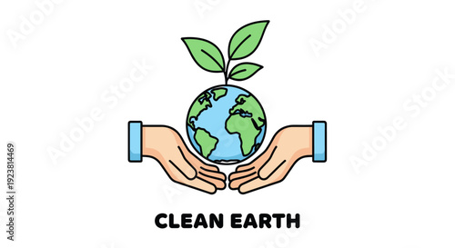Illustrated hands gently hold a globe with a sprouting plant, conveying a concept of environmental care, sustainability, and a commitment to a clean Earth.