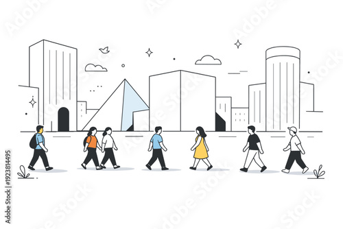 People dwarfed by architecture in a city square. Individuals walk across a wide open plaza surrounded by tall facades and large geometric