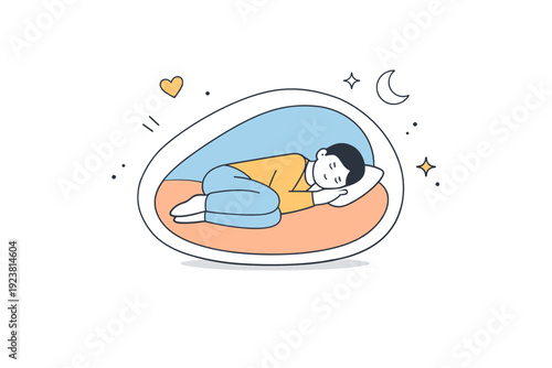 Self-protection lifestyle metaphors. Person resting inside a cozy abstract shape resembling a cocoon or safe space. Visual metaphor for recovery, rest, and