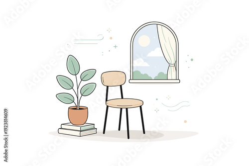 Poetic still life objects. A minimal scene with simple objects like a chair, plant, and window arranged symbolically to evoke silence and time passing. The