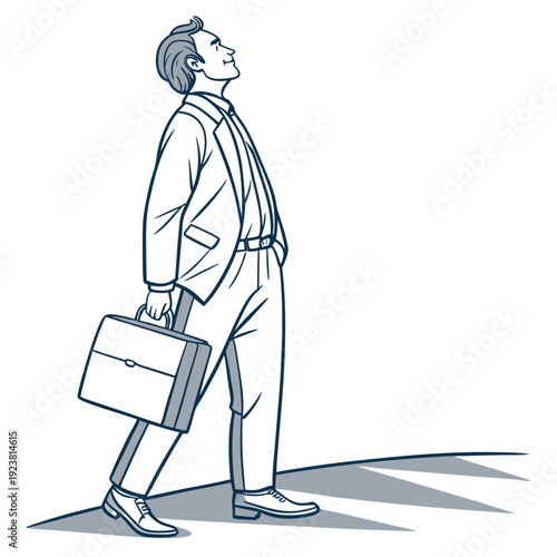 Man in business attire walking with briefcase looking up
