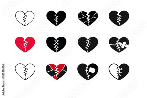 Friendship breakups and healing. Icon set. Set Logo of Friendship breakups and healing: broken heart with stitching. harmonious logo variations of the same