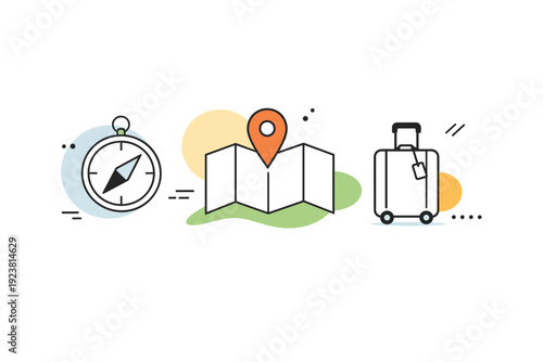 Minimalist travel editorial backdrop. Abstract travel symbols like compass, map pin, and suitcase combined with soft geometric shapes for flexible layout use.