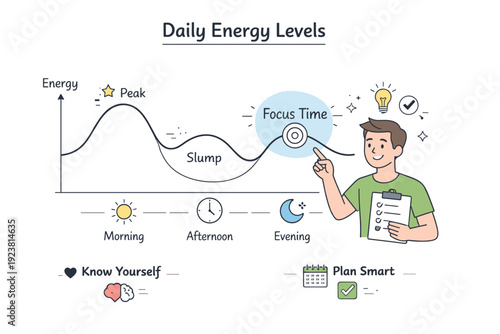 Daily energy levels. A clean diagram shows peaks and dips of energy across the day, with a character pointing to a highlighted moment of