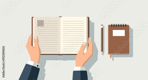 Person holds an open lined notebook with other notebook and pencil on the table, with neutral background, perfect for planning, writing, note taking, and organization related content.