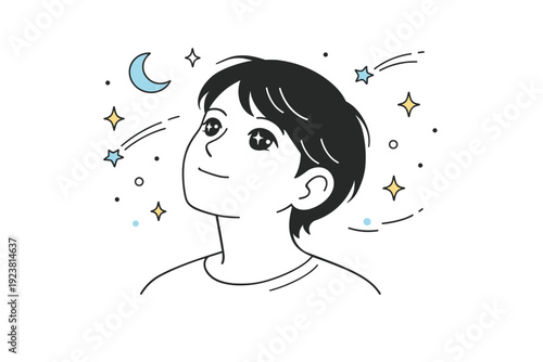 Stargazing on warm nights. Close-up editorial scene of a calm face illuminated softly by starlight, eyes reflecting points of light. Quiet reflection and