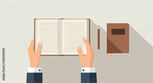Hands in a suit hold an open book on a desk with a pencil and journal, ideal for concepts like reading, studying, writing, or business planning.