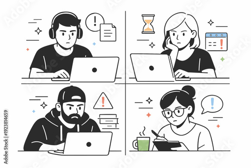 Deadline crunch focused expressions. Team members on split screens with serious faces, minimal gestures, and synchronized attention. Collective focus and