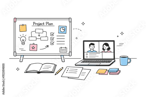 Creative planning whiteboard scenes. Remote or hybrid planning setup with a whiteboard, laptop, and notes visible together. Modern workflow