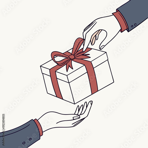 Hand passing white gift box with red ribbon