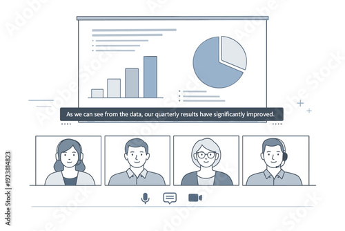 Inclusive remote meeting caption integration. A shared screen presentation with captions shown clearly at the bottom, ensuring all viewers