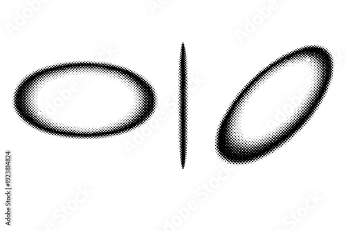 Halftone oval vignette border. A single oval vignette border shown in three views: front view, side view, and three-quarter view, clearly showing elongated