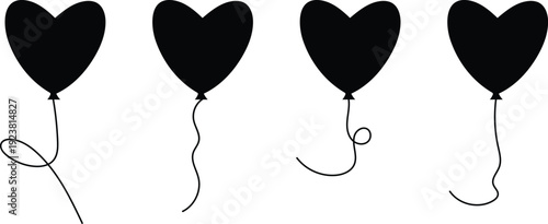 Heart Shaped Balloon Silhouette Set – Romantic Love Balloon Icons with Curly Strings Vector Illustration