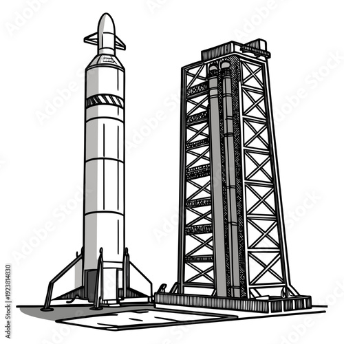 Of a rocket on a launchpad with tower space spacecraft