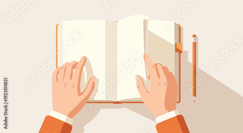 Top-down view of human hands turning pages in a blank, open book, a pencil beside, set against a clean, light background; ideal for journaling, planning, or creativity concepts.