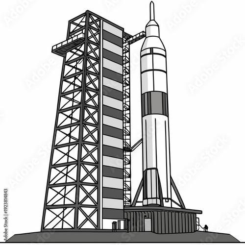 Of a rocket on a launchpad with service tower space launch 1