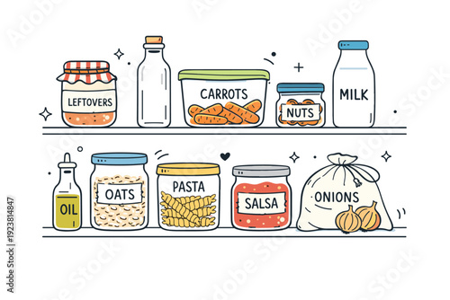 Reused containers lifestyle. A fridge or pantry view with mismatched but clean reused containers storing food, each labeled or unlabelled casually. The image