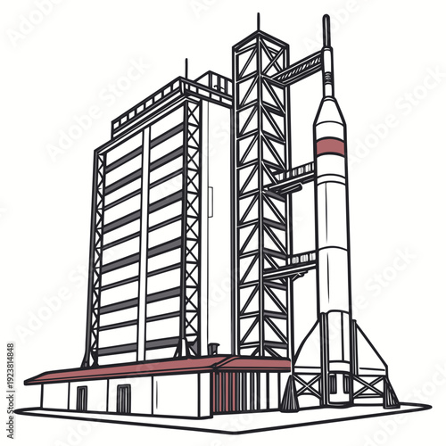 Of a rocket on a launchpad with service tower space launch