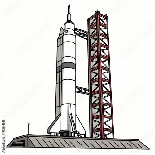 Realistic of a tall space rocket on launchpad with service tower
