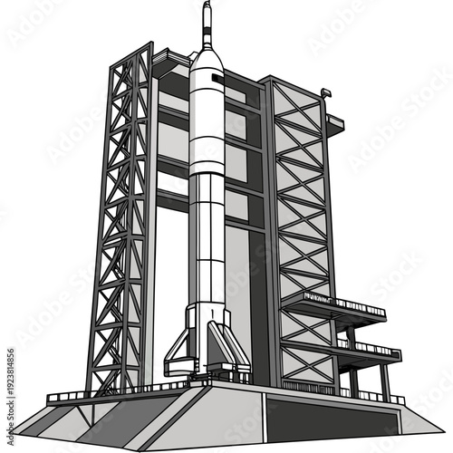 Rocket on launchpad with service tower space launch