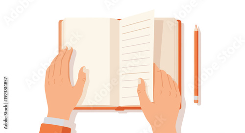 Top-down view of hands turning pages of an open, lined notebook, with a simple orange pencil laying beside it against a white background, for education or creativity use.