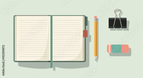 Flat lay illustration of an open notebook, pencil, eraser, and binder clip on a pastel green background, ideal for creative projects.