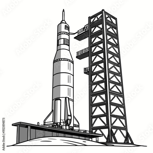 Black and white of a space rocket on launchpad with service tower
