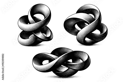 Floating abstract object twisted ribbon mass, a continuous folded shape with gentle torsion and balanced curvature depicted as one object in