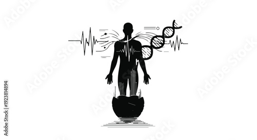man silhouette with heartbeat and symbols around head
