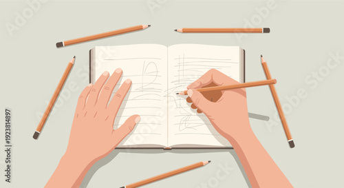 Overhead shot of hands drawing in an open notebook, surrounded by pencils, creating a flat lay illustration perfect for creative process, writing, or artistic themes.