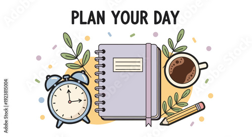 Overhead illustration of a desk scene including a planner, coffee cup, clock, and pencil, ideal for themes of organization, productivity, and daily routines.