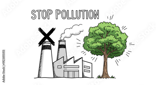 Cartoon illustration with the words "Stop Pollution," showing a factory marked with an 'X' and a healthy tree, depicting the contrast between pollution and a healthy environment.