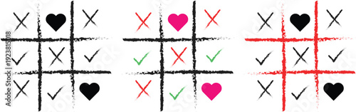 Tic Tac Toe Love Game Concept – Heart and Cross Hand Drawn Grunge Style Vector Illustration