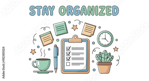 Colorful flatlay illustration depicting a checklist, coffee, and clock, emphasizing productivity and organization for time management and efficiency concepts.