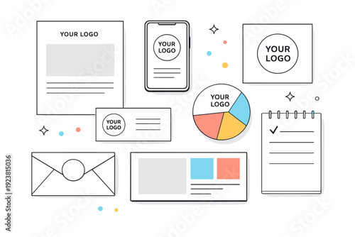 Brand mockup scene. Abstract placeholders for logos and content blocks arranged in a harmonious flat lay style. Consistency, flexibility, and modern brand