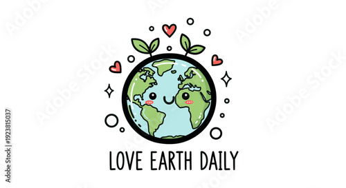 A whimsical cartoon illustration of the Earth with a smiling face, surrounded by hearts and leaves, promoting environmental awareness and daily acts of love for our planet.