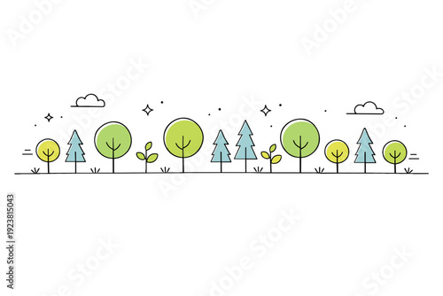 Nature landscape pattern. Simple trees repeat across a flat horizon, forming a gentle visual rhythm that feels balanced and natural. The scene suggests calm