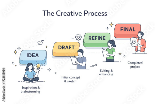 Creative process. Floating steps labeled idea, draft, refine, and final, shown as soft blocks in sequence. Editorial explanation of creative