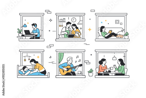 Windows as framing devices. Street view with multiple windows, each framing a different everyday moment inside. Parallel lives and quiet narratives revealed