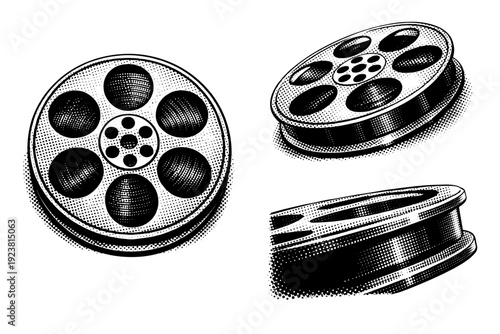 Film reel depicted as a traditional cinema reel with central hub presented in top-down view, perspective tilted view, and close-up edge view