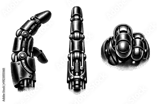 Robotic hand skeletal finger mechanism. Black and white dot style with halftone texture and high contrast. Halftone texture with partial