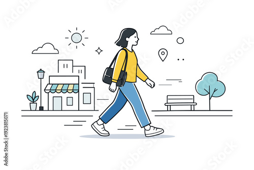 Urban walking as daily routine. Minimal city street scene with sidewalks, buildings, and gentle motion lines showing steady movement. Calm everyday rhythm of